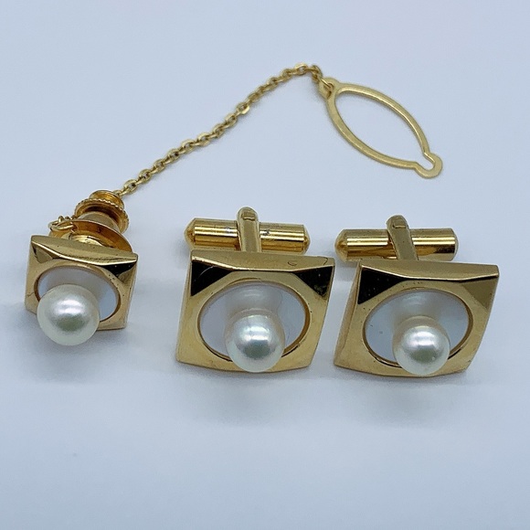 22K GF PanAm Cultured Pearl Cufflinks and Pin Set - Picture 3 of 8